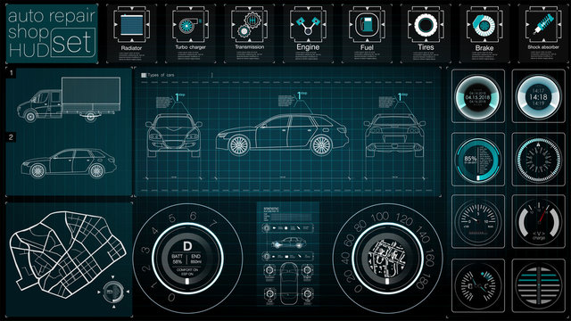 Infographics of freight transport and transportation.Template of automobile infographics. Abstract virtual graphic touch user interface. Cars diagnostic. Template mobile car repair apps. HUD style.
