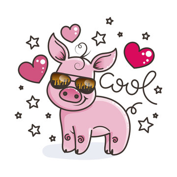 Cute cartoon baby pig in a cool sunglasses