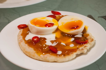 Breakfast with scone and eggs