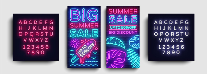 Fototapeta na wymiar Summer Sale collection vertical banners design template vector. Neon sign, modern trend design, neon style webbanner, bright neon advertizing. Vector illustration. Editing text neon sign