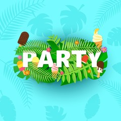 Word PARTY summer composition with creative green jungle leaves ice creams on blue background in paper cut style. Tropical leaf letters for design poster, banner, flyer T-shirt printing. Vector card.