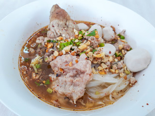 Spicy Tom Yum Noodle with pork ,Thai Food.