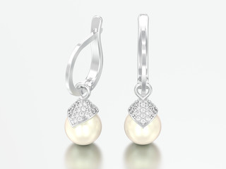 3D illustration white gold or silver pearl diamond earrings with hinged lock