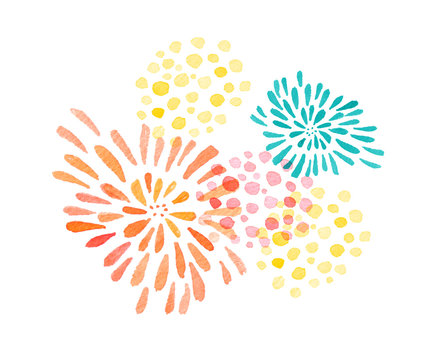 Hand drawn watercolor illustration with color stylized fireworks
