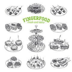 Beautiful vector hand drawn finger food Illustration. - obrazy, fototapety, plakaty