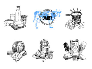 Beautiful vector hand drawn dairy products logos.