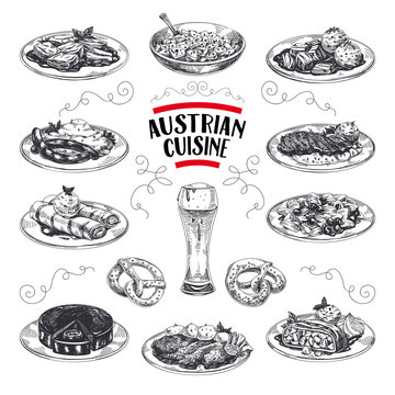 Beautiful vector hand drawn austrian cuisine Illustrations set. Detailed retro style images.