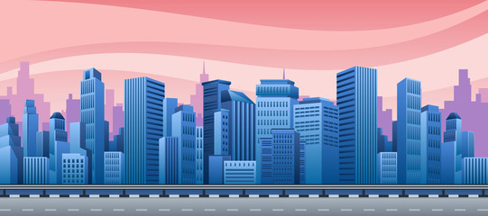 View of an evening city, a building on a background of a pink sunset