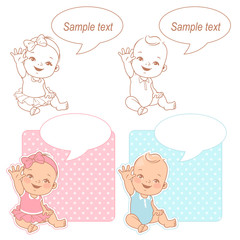 Baby shower set. Cute baby wave hand say hello mom or dad.  It's a boy, it's a girl card. Color and monochrome outline vector illustration.