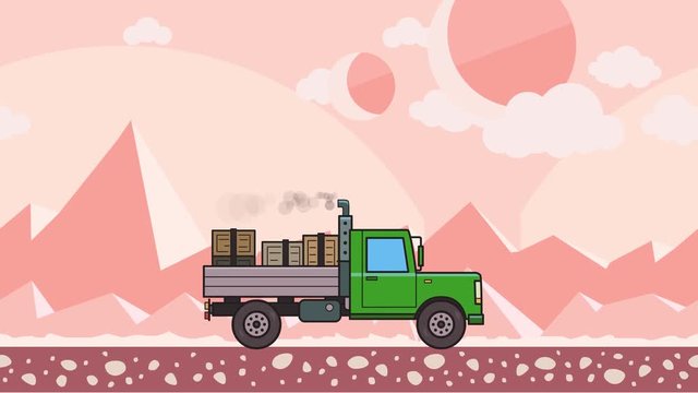 Animated green truck with boxes in the trunk riding through alien planet desert. Moving heavy car on pink mountain desert background. Flat animation