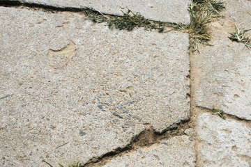 broken sidewalk tiles close-up, through her cracks and cracks grass breaks through