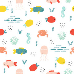 Marine life seamless pattern. Cute kids print. Vector hand drawn illustration.