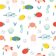 Wallpaper murals Sea animals Marine life seamless pattern. Cute kids print. Vector hand drawn illustration.