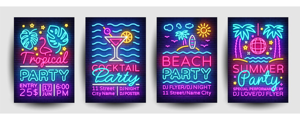 Fototapeta Summer party posters collection neon vector. Summer party design template, bright neon brochure, modern trend design, light banner, typography invitation to the party, advertising postcard. Vector obraz