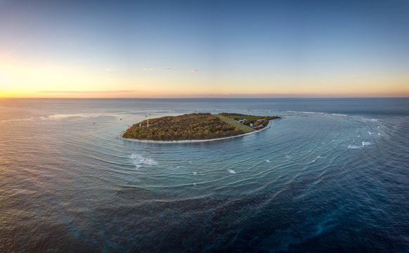 Aerial view of Lady Elliot Island on the great barrier reef at sunset. 