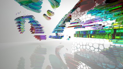 Abstract white and colored gradient glasses interior multilevel public space with window. 3D illustration and rendering.