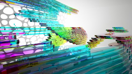 Abstract white and colored gradient glasses interior multilevel public space with window. 3D illustration and rendering.