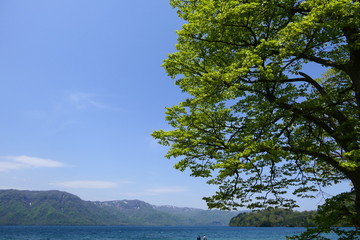 十和田八幡平国立公園。初夏の十和田湖。十和田　青森　日本。５月中旬。