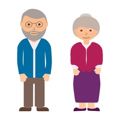 Happy grandfather and grandmother on white background. Old people in family. Grandparents in glasses. Aged grey haired couple. Vector illustration