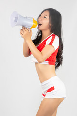 Asian girl cheerful yell with loudspeaker, The girls cheer the ball announcing megaphone, Cheer girl world cup, Cute, Beautiful stylish girls cheerleaders, Announcement, Asian girl