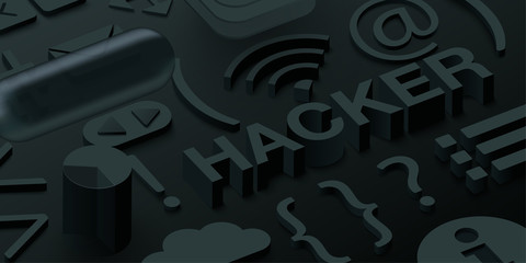 Black 3d hacker background with web symbols.