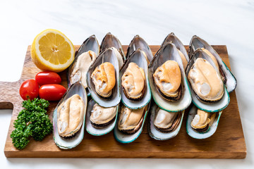 fresh mussel on wood board