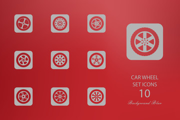 Car wheel. Set of flat icons on blurred background