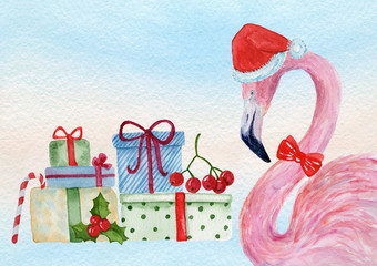 Watercolor flamingo and gift boxes.