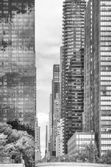 Black and white picture of New York City modern architecture, USA.