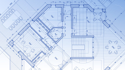 architectural blueprint - the architectural plan of a modern residential building with the layout of the interiors of different rooms, elements of furniture & equipment on a  technological background - 210016776