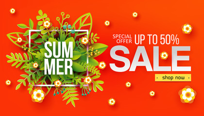 Summer sale banner with paper cut green leaves background, floral design for banner, flyer, invitation, poster, web site. Paper art cut out style, vector illustration