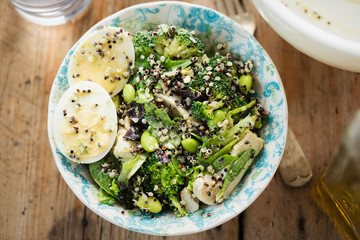 Protein chicken & egg salad  with quinoa, edamame beans and avocado dressing