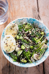 Protein chicken & egg salad  with quinoa, edamame beans and avocado dressing