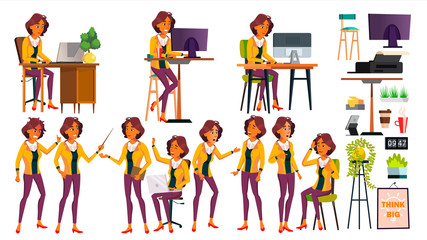 Office Worker Vector. Woman. Modern Employee, Laborer. Poses. Business Worker. Office. Face Emotions, Various Gestures. Animation Creation Set. Isolated Cartoon Character Illustration