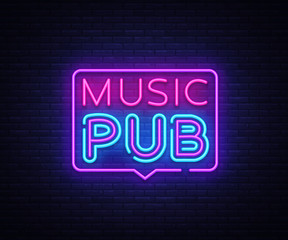 Music Pub neon sign vector. Live Music design template neon sign, light banner, neon signboard, nightly bright advertising, light inscription. Vector illustration