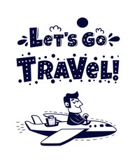 Travel icon. Happy man traveling by airplane. Vector illustration in retro cartoon style for t shirts, posters, cards, banners