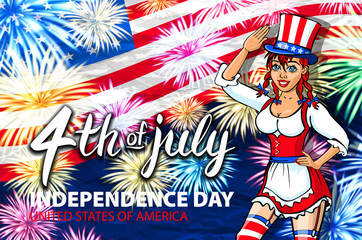 Woman salute firework with USA flag, july 4th Independence Day vector