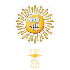 vector funky cartoon style summer sun character isolated on white background. My name is sun concept illustration. funky kids summer character with eyes and mouth