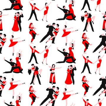Couples dancing latin american romantic person people dance man with woman tango pose seamless pattern background vector illustration.