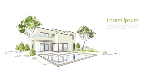 Vector architectural sketch modern exclusive house.  - obrazy, fototapety, plakaty