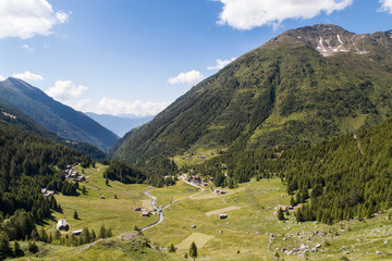 Naklejka premium Green valley and forest in Valtellina. Valgrosina. Province of Sondrio, aerial shot