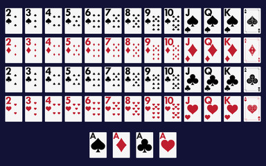Full deck of cards for playing poker and casino. Vector illustration.