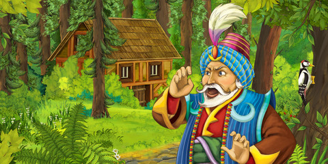 cartoon scene with prince traveling and encountering hidden wooden house in the forest - illustration for children