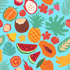 Minimal summer trendy vector tile seamless pattern in scandinavian style. Exotic fruit slice, palm leaf hibiscus flower. Textile fabric swimwear graphic design for print isolated on white.