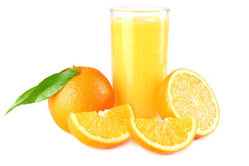 orange juice with orange and green leaf isolated on white background. juice in glass