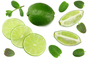 healthy food. lime with mint leaves isolated on white background top view