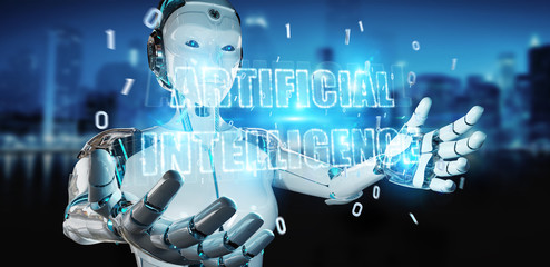 White cyborg woman using digital artificial intelligence text hologram 3D rendering