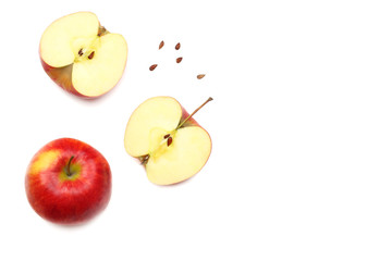 red apples with slices isolated on white background. top view
