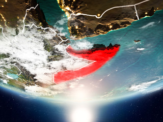 Somalia with sun on planet Earth