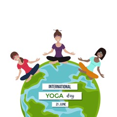 International yoga day. Team, girls, meditation, yoga outside, relax. Vector illustration. Earth concept. 